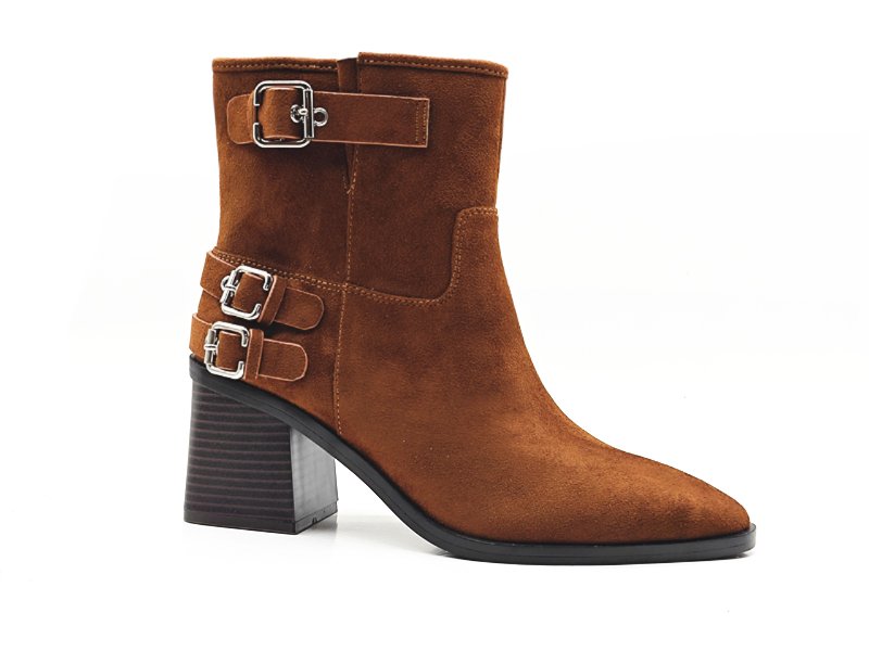 Suede Triple Buckle High Heel Booties