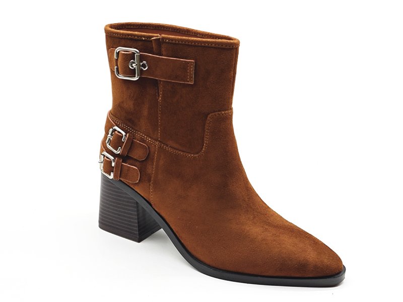 Suede Triple Buckle High Heel Booties
